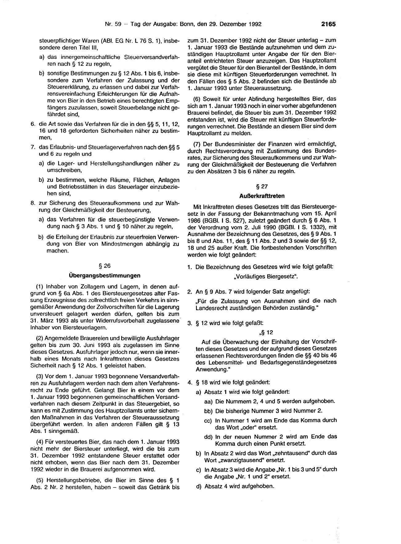 BGBl. 1992, Seite 2165 — Originalseite als Abbildung