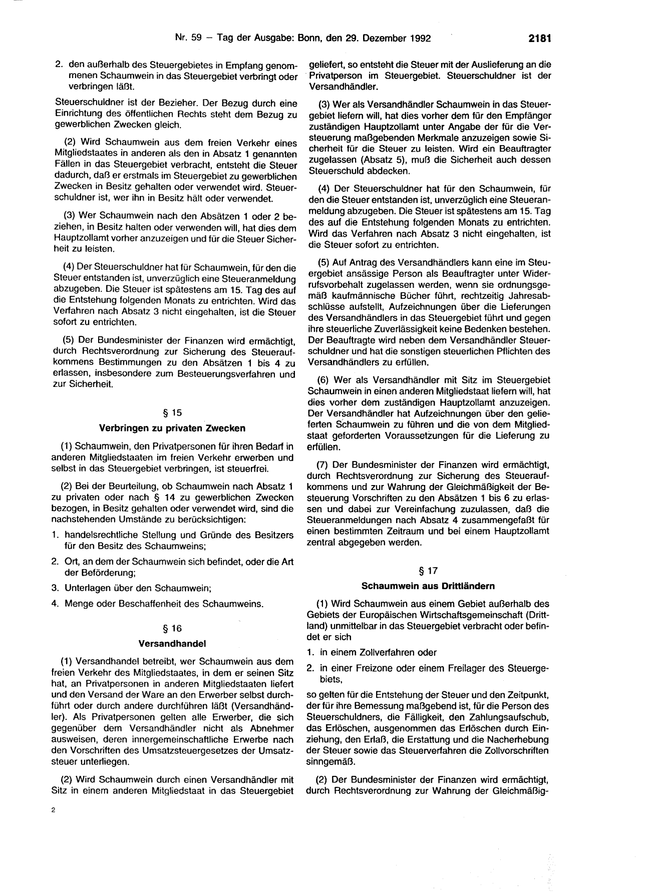 BGBl. 1992, Seite 2181 — Originalseite als Abbildung