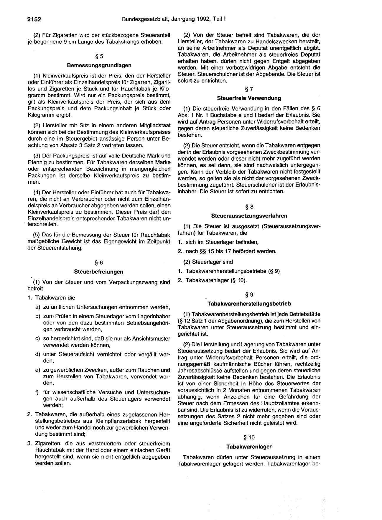 BGBl. 1992, Seite 2152 — Originalseite als Abbildung