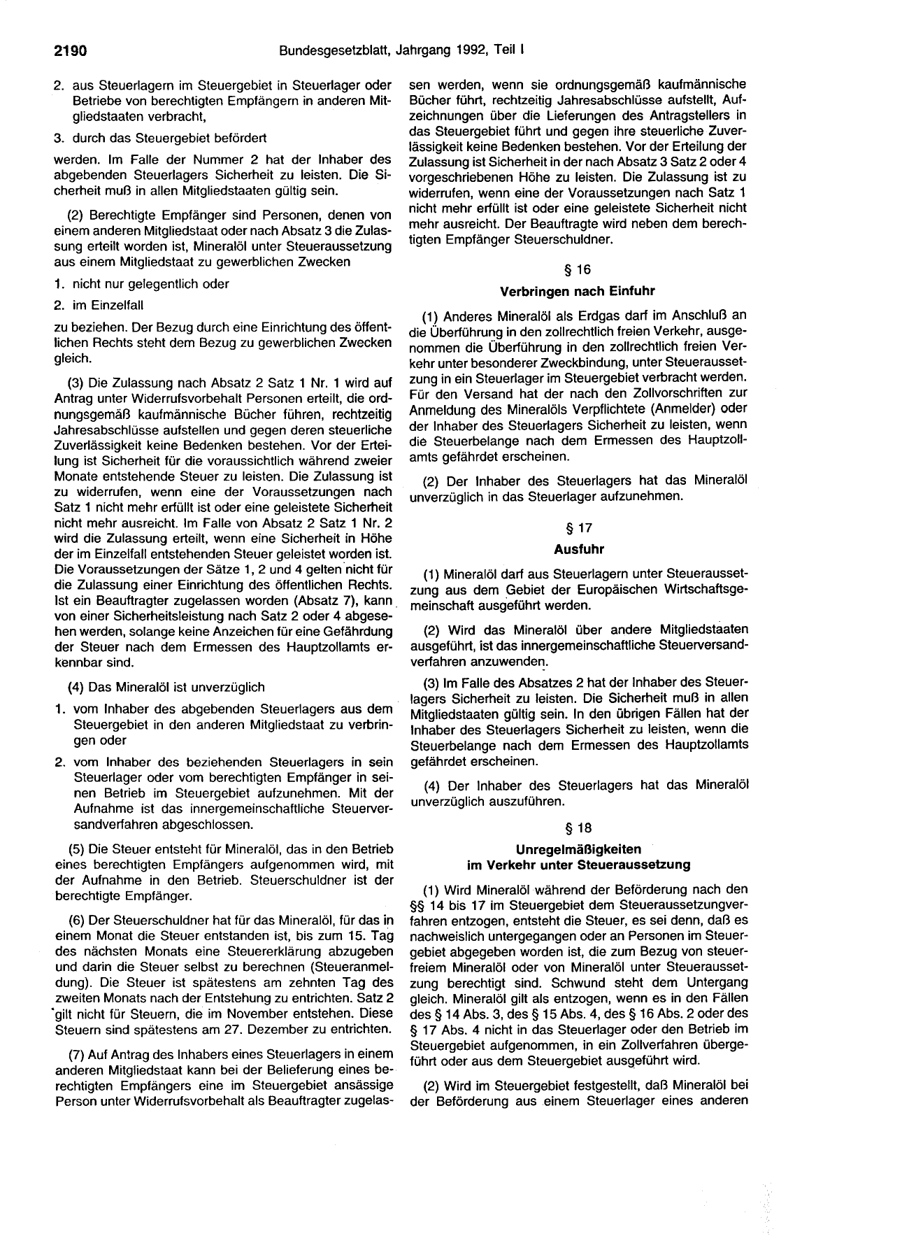 BGBl. 1992, Seite 2190 — Originalseite als Abbildung