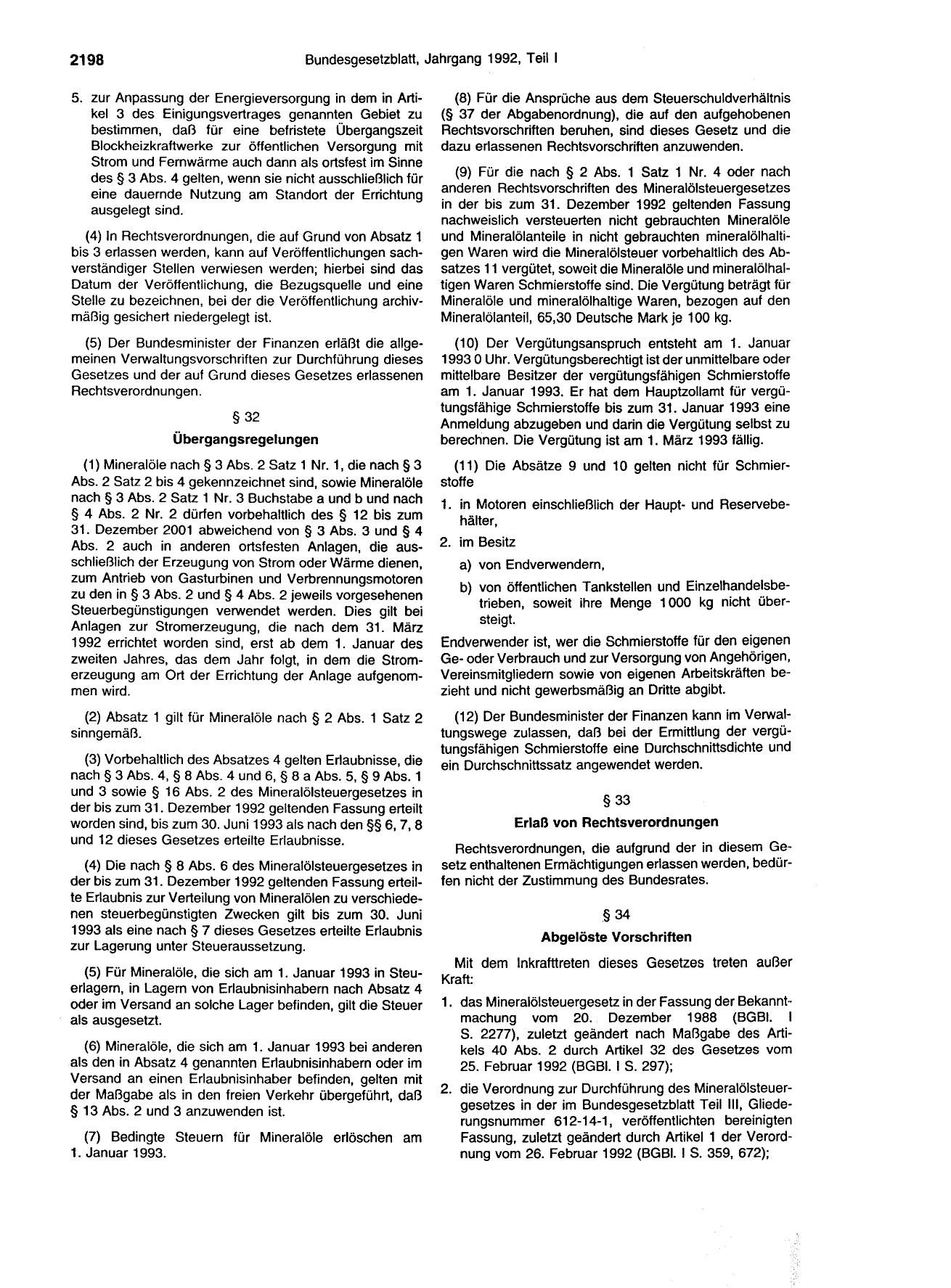 BGBl. 1992, Seite 2198 — Originalseite als Abbildung
