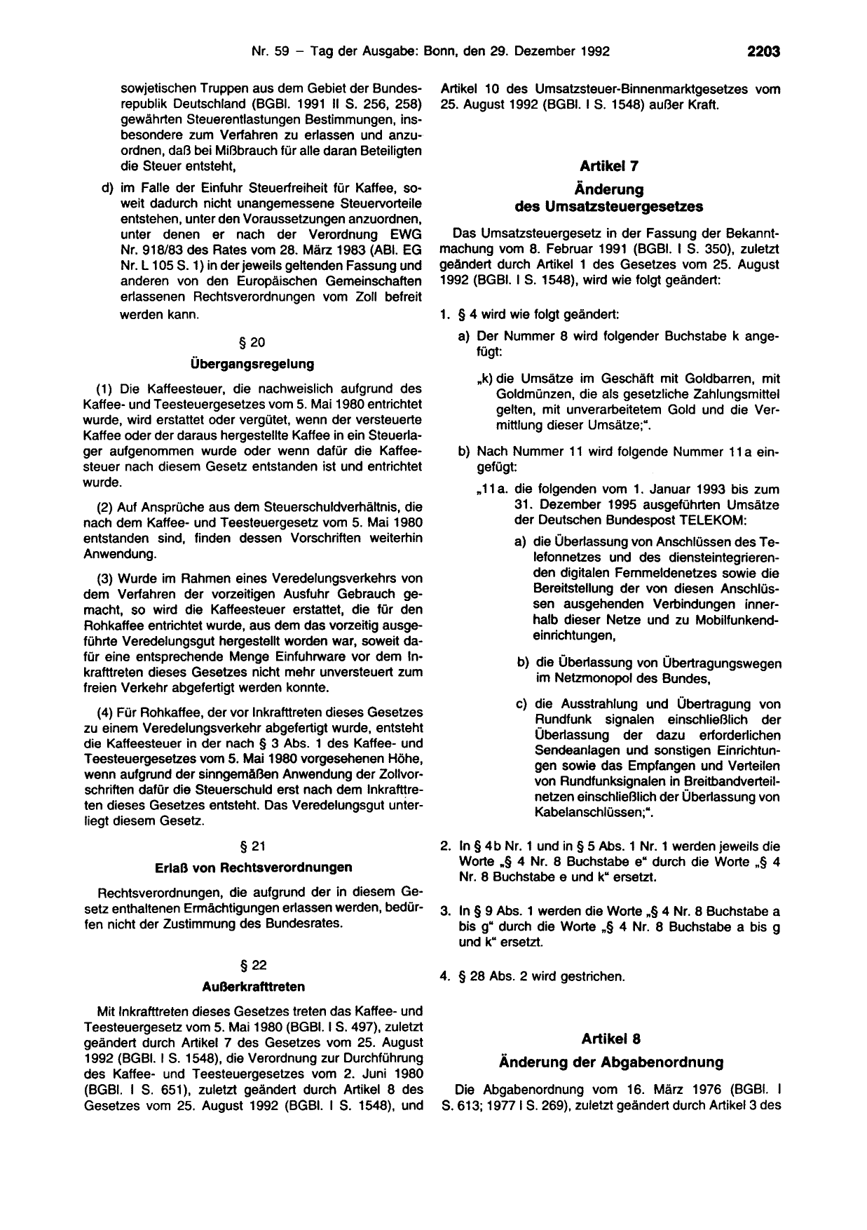 BGBl. 1992, Seite 2203 — Originalseite als Abbildung