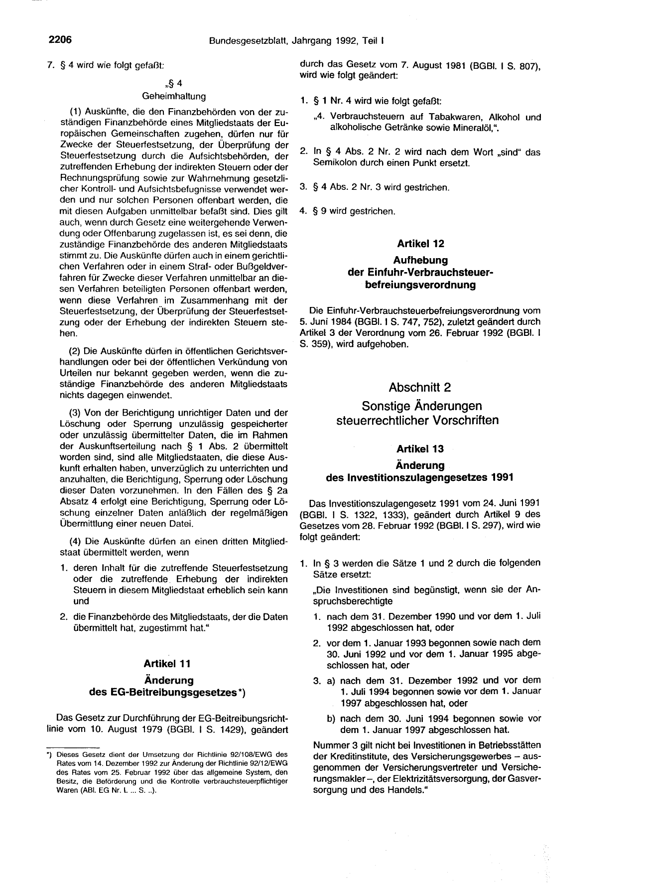 BGBl. 1992, Seite 2206 — Originalseite als Abbildung