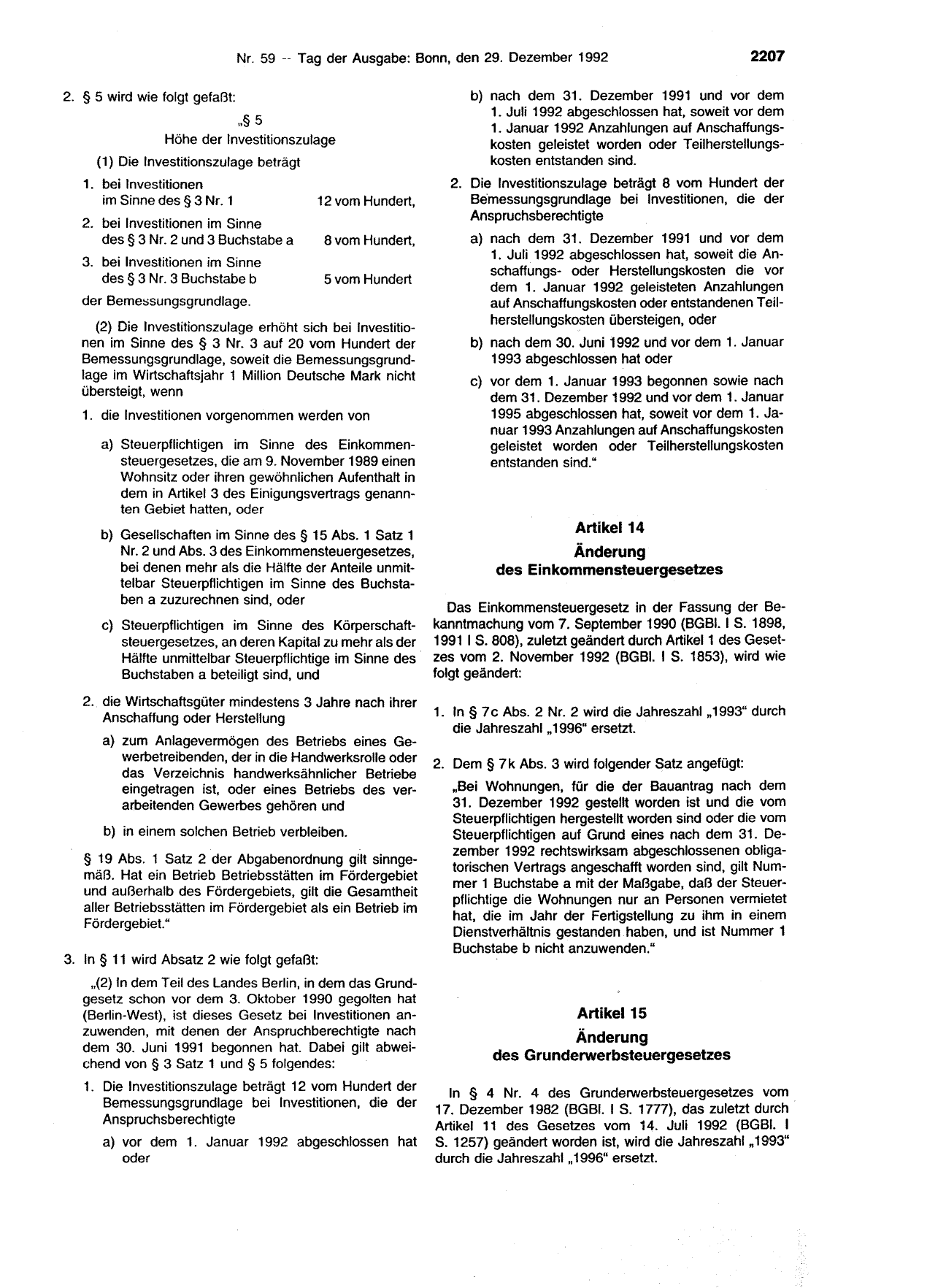 BGBl. 1992, Seite 2207 — Originalseite als Abbildung