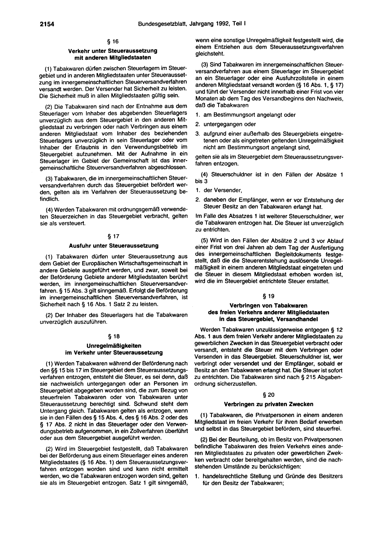 BGBl. 1992, Seite 2154 — Originalseite als Abbildung