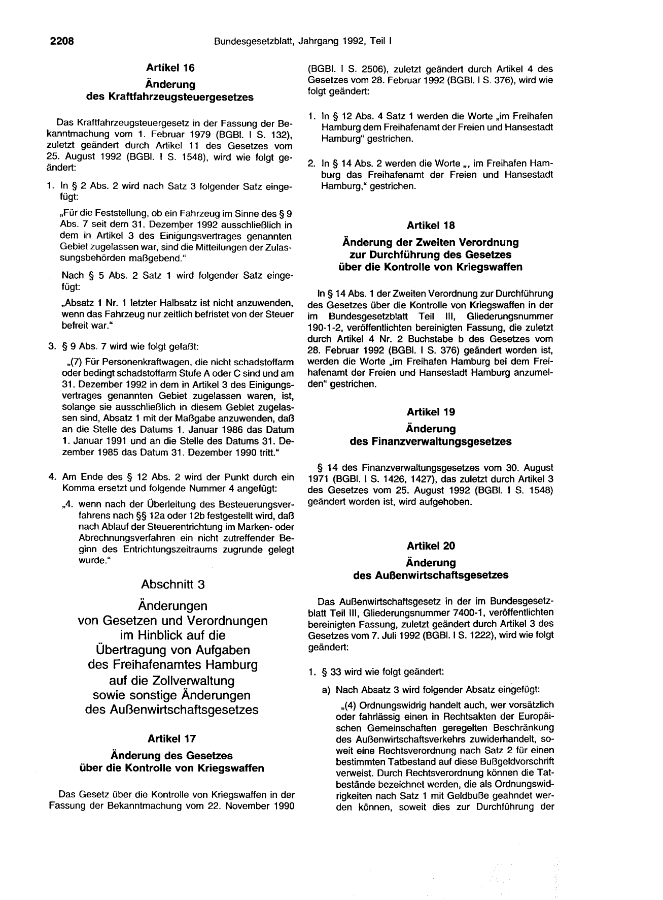 BGBl. 1992, Seite 2208 — Originalseite als Abbildung