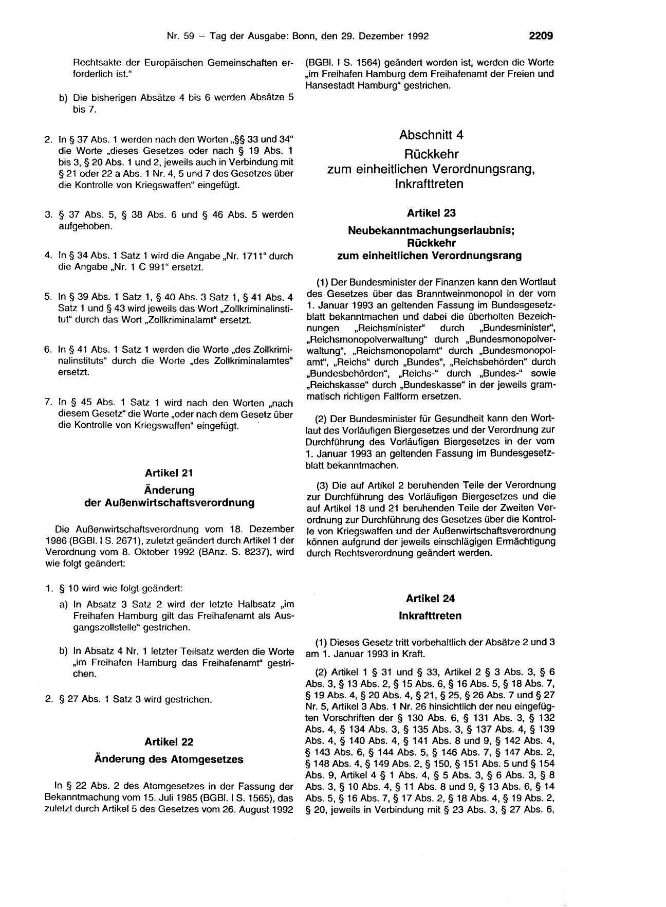 BGBl. 1992, Seite 2209 — Originalseite als Abbildung