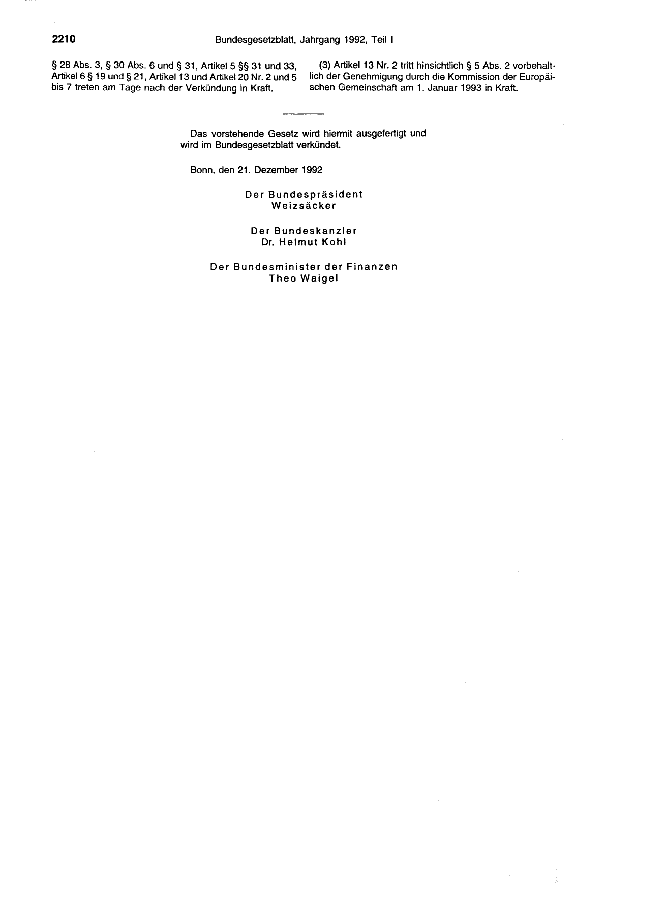 BGBl. 1992, Seite 2210 — Originalseite als Abbildung