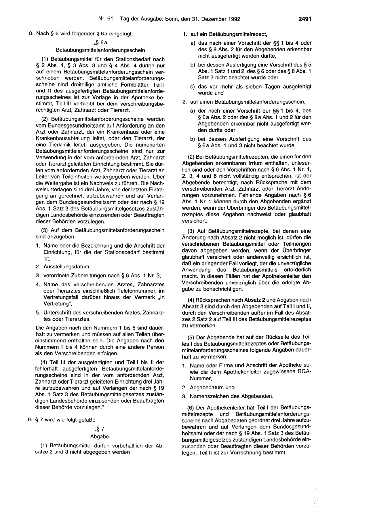 BGBl. 1992, Seite 2491 — Originalseite als Abbildung