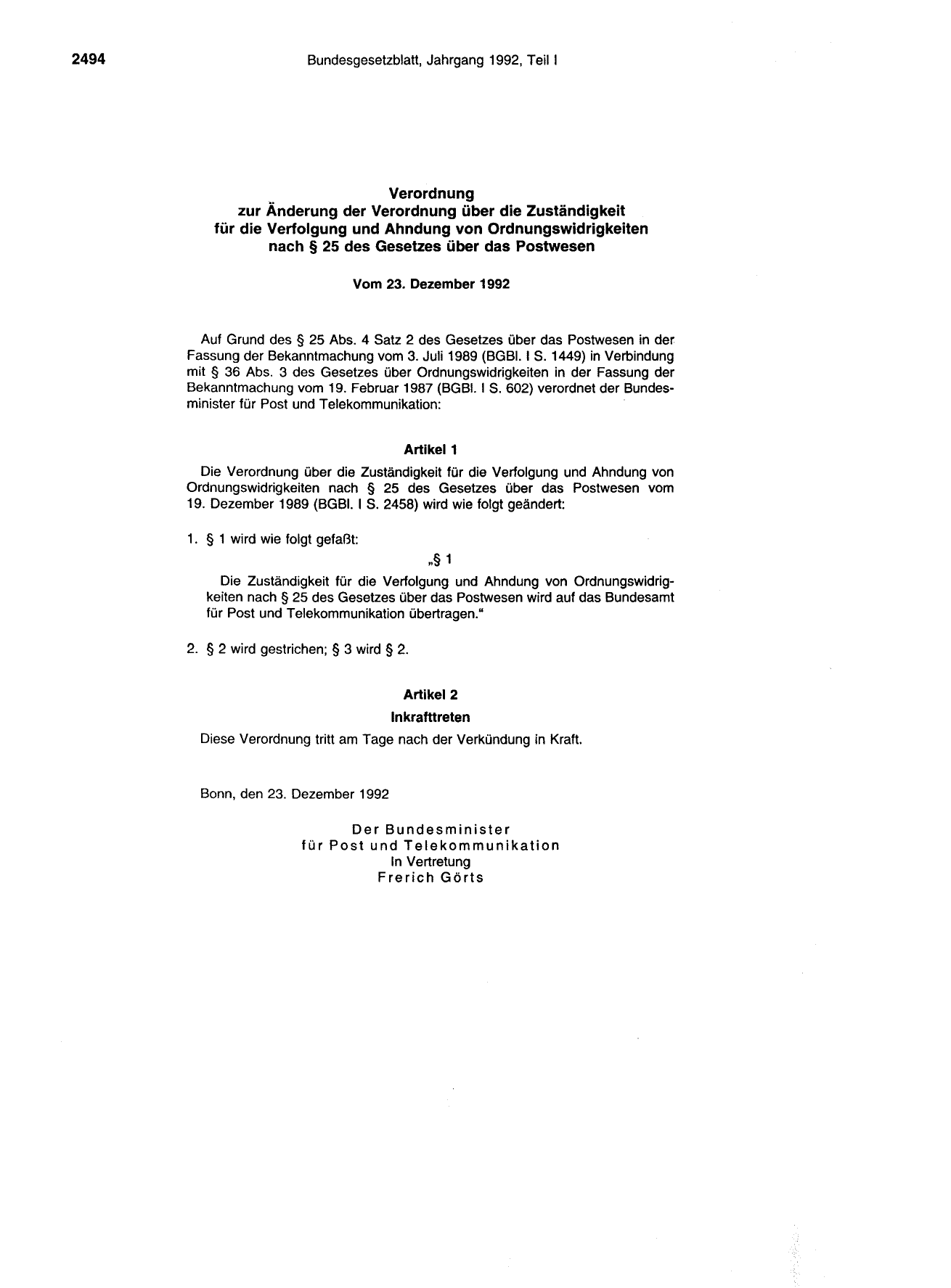BGBl. 1992, Seite 2494 — Originalseite als Abbildung