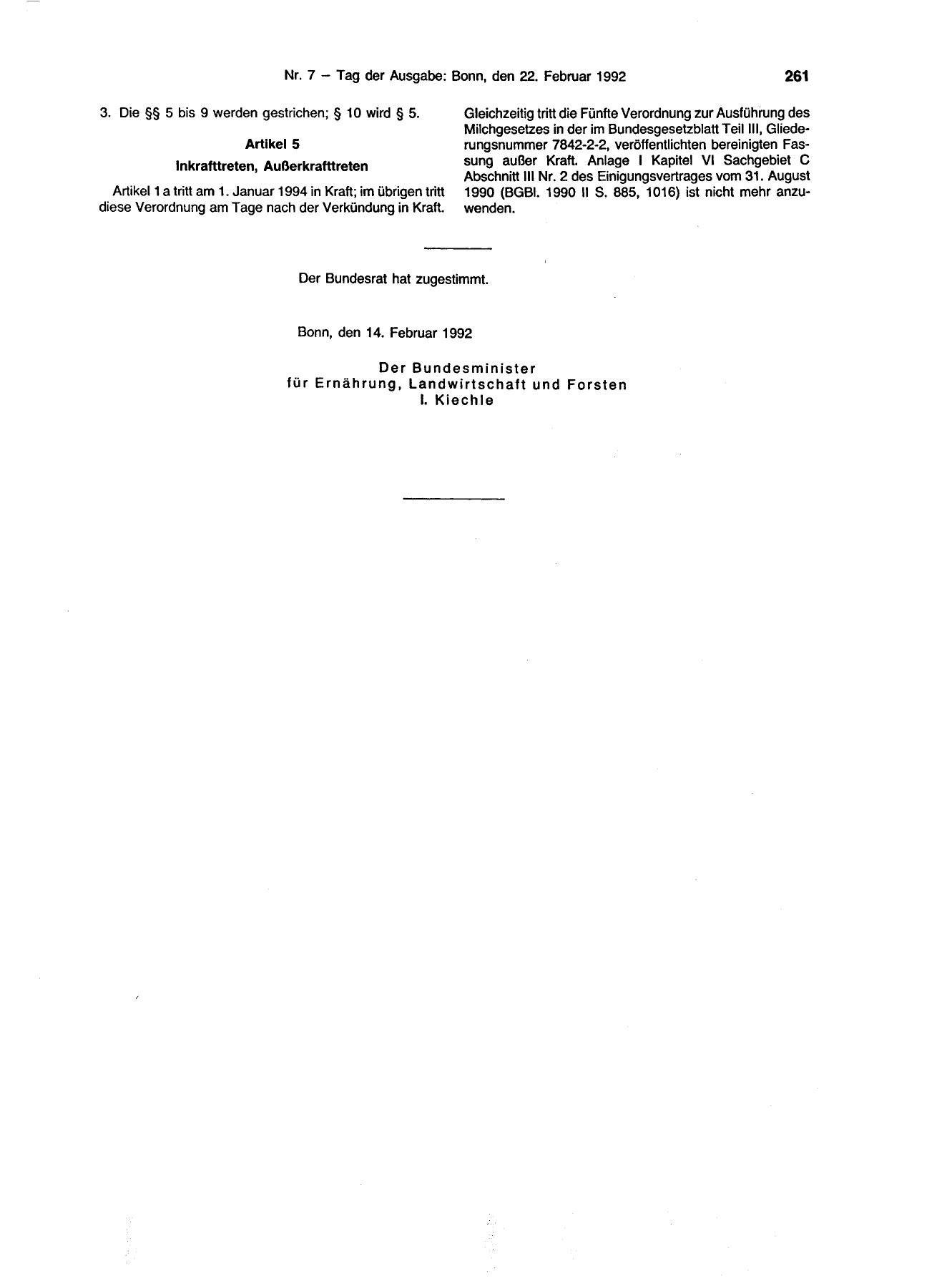 BGBl. 1992, Seite 261 — Originalseite als Abbildung