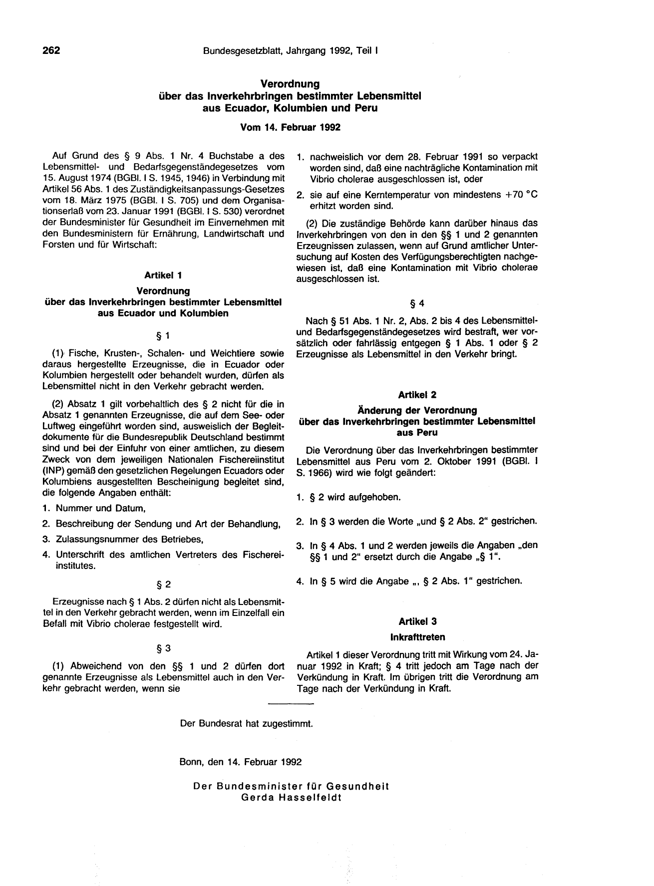 BGBl. 1992, Seite 262 — Originalseite als Abbildung