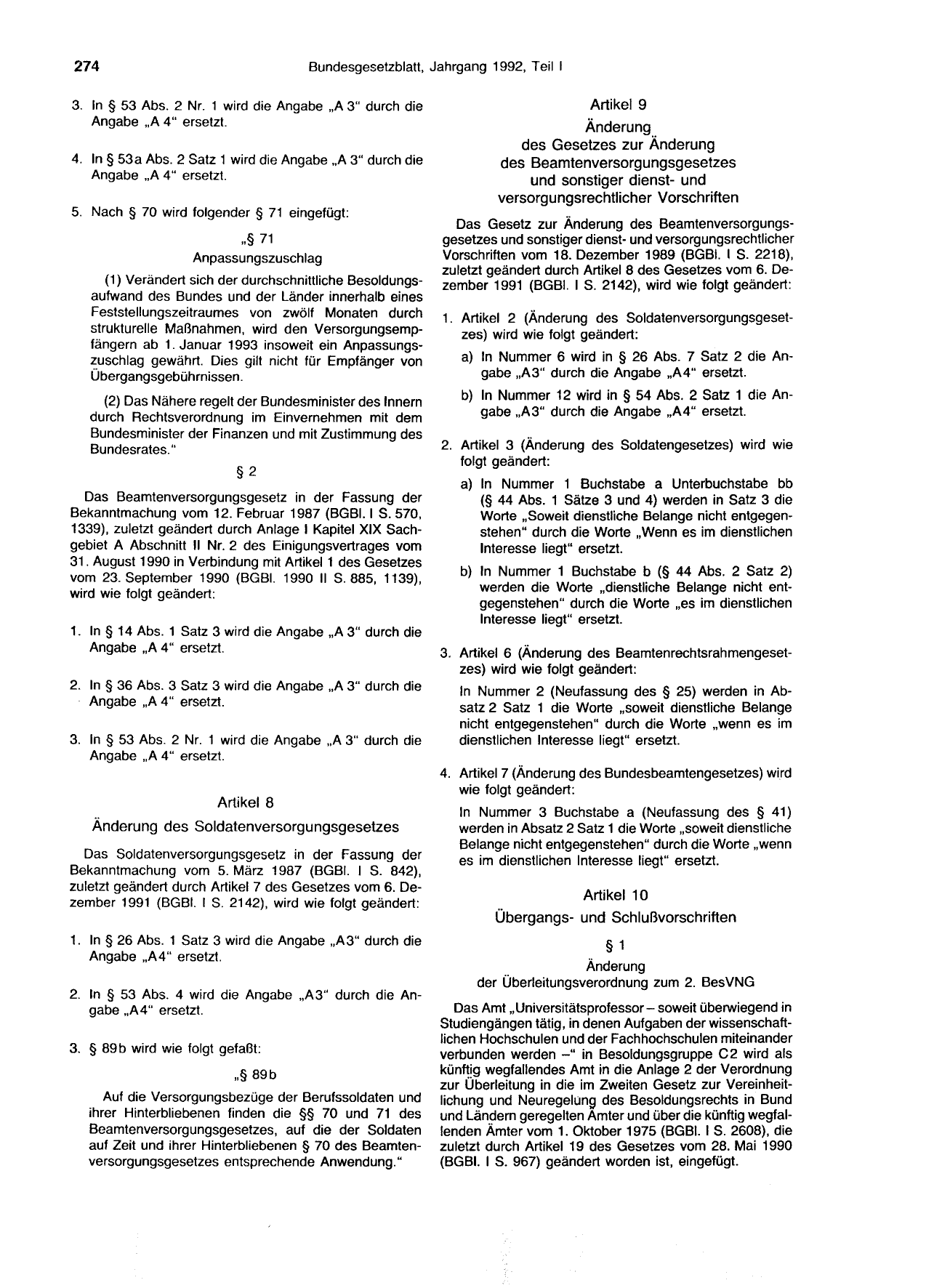 BGBl. 1992, Seite 274 — Originalseite als Abbildung