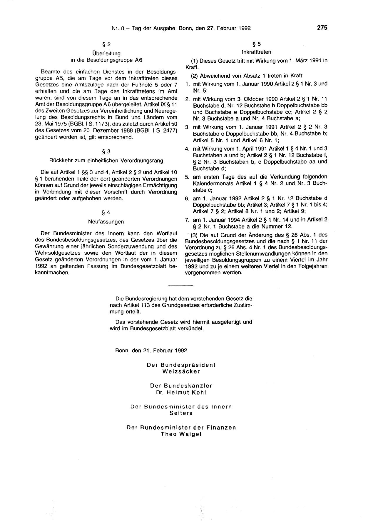 BGBl. 1992, Seite 275 — Originalseite als Abbildung