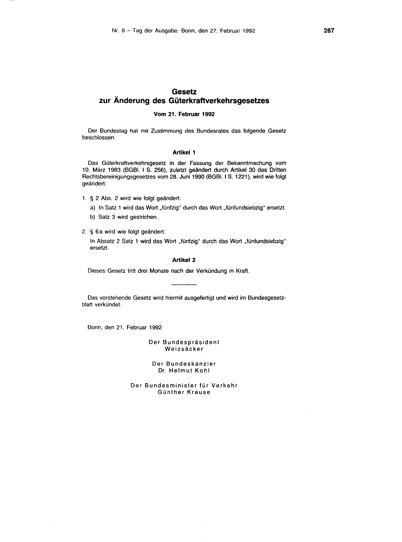 BGBl. 1992, Seite 287 — Originalseite als Abbildung