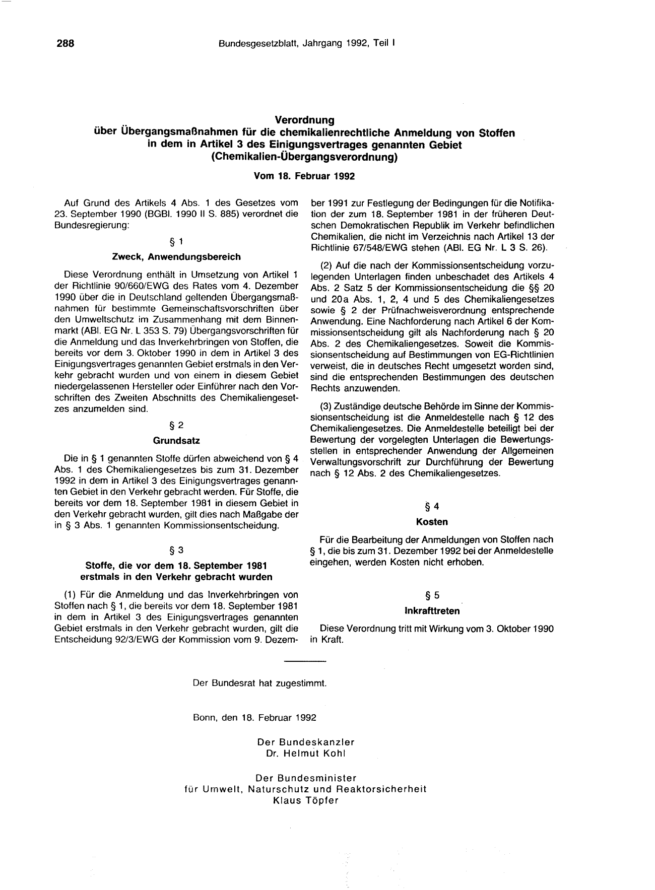 BGBl. 1992, Seite 288 — Originalseite als Abbildung