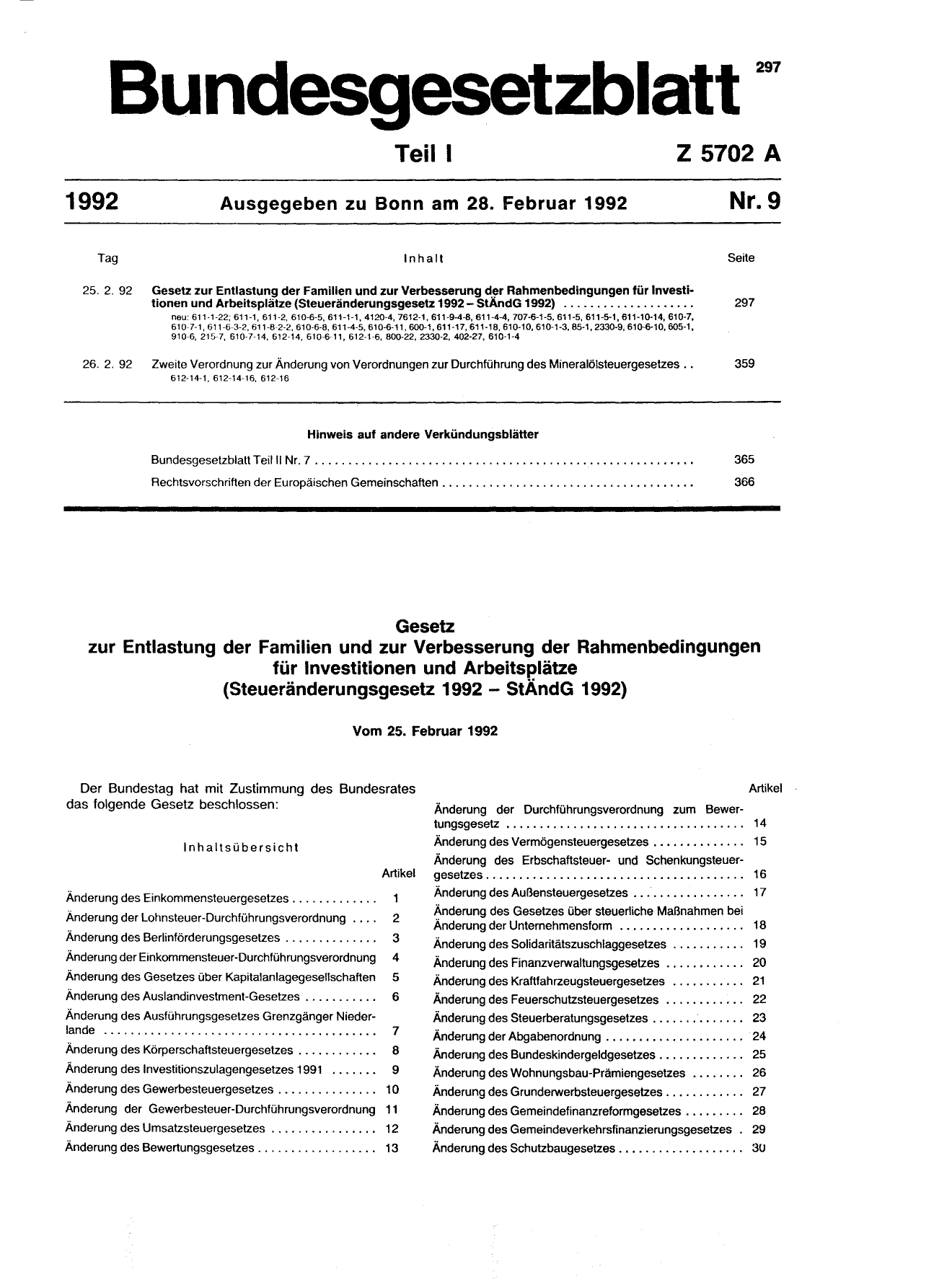 BGBl. 1992, Seite 297 — Originalseite als Abbildung