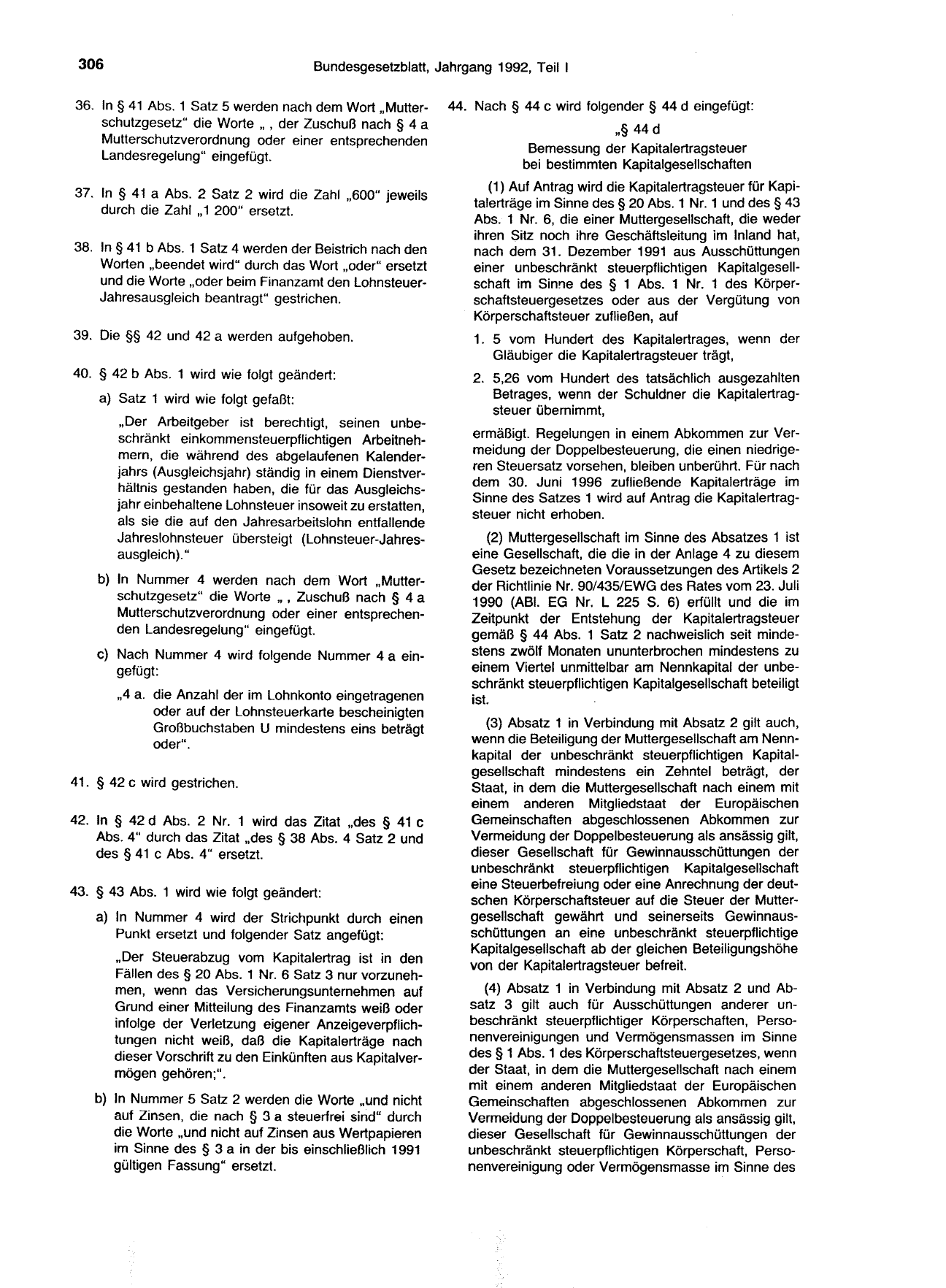BGBl. 1992, Seite 306 — Originalseite als Abbildung