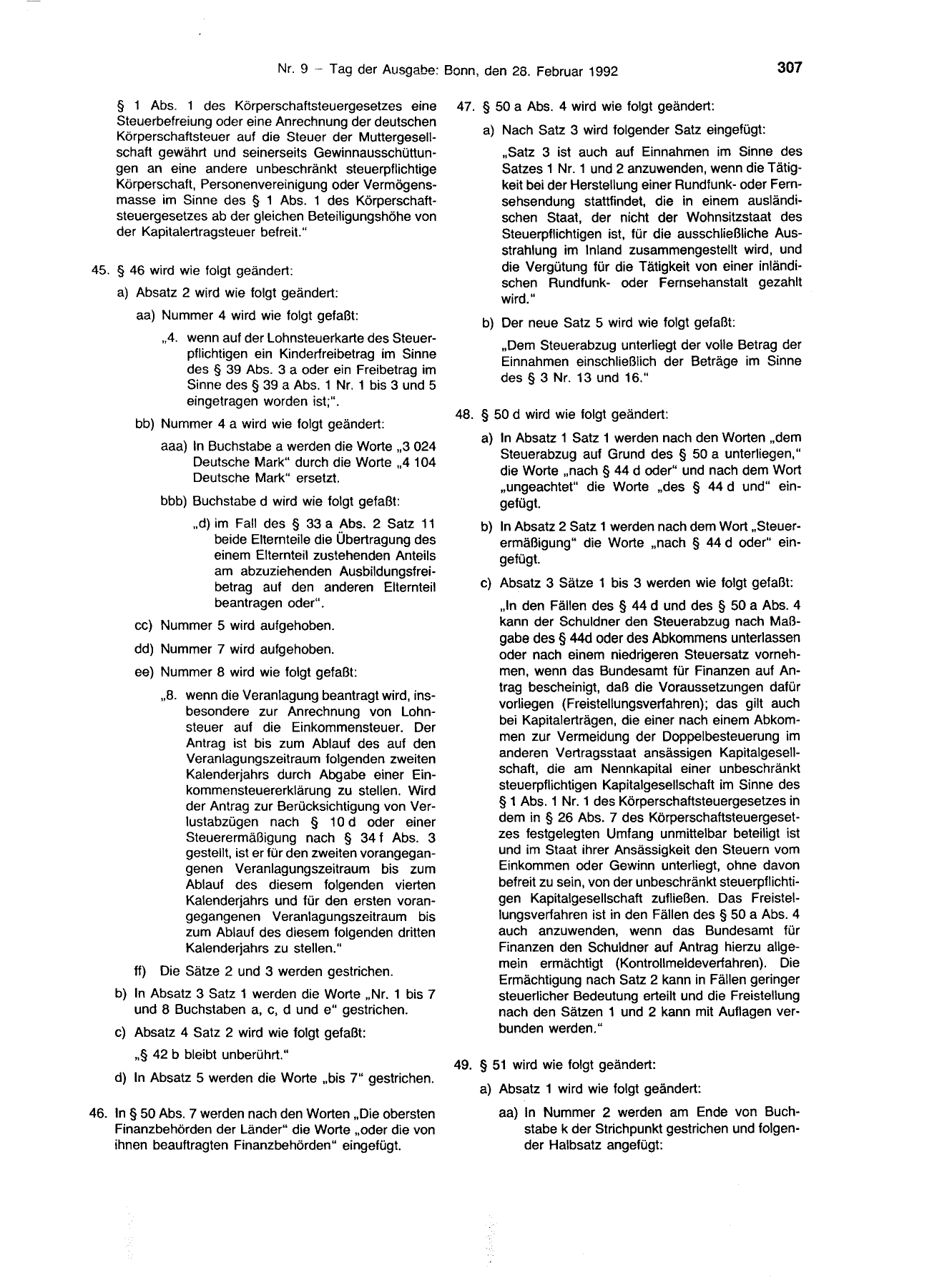 BGBl. 1992, Seite 307 — Originalseite als Abbildung