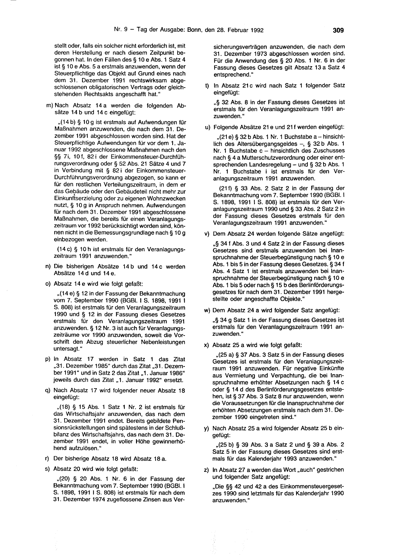 BGBl. 1992, Seite 309 — Originalseite als Abbildung