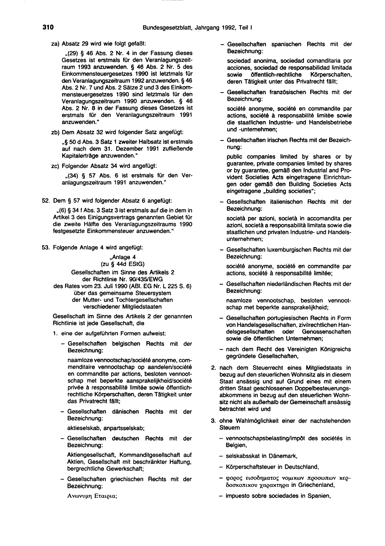 BGBl. 1992, Seite 310 — Originalseite als Abbildung