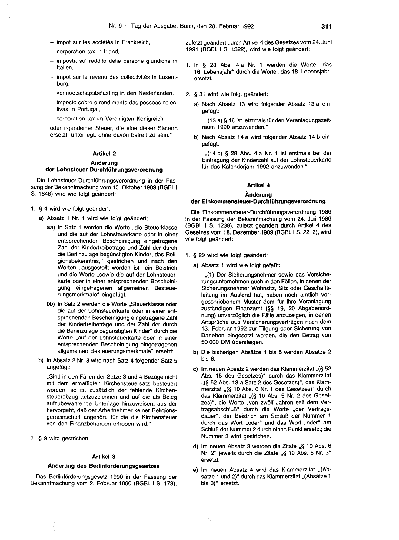 BGBl. 1992, Seite 311 — Originalseite als Abbildung