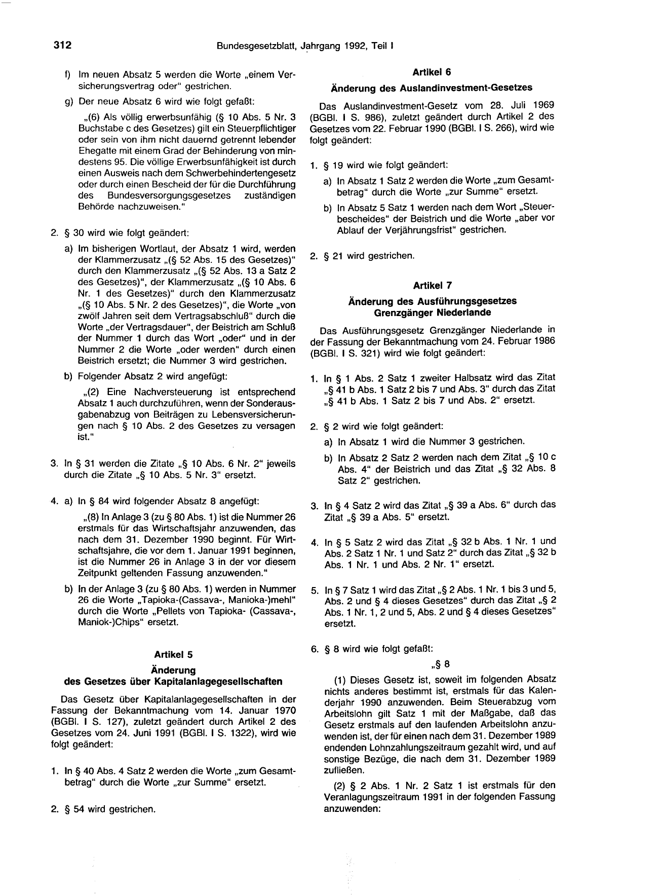 BGBl. 1992, Seite 312 — Originalseite als Abbildung