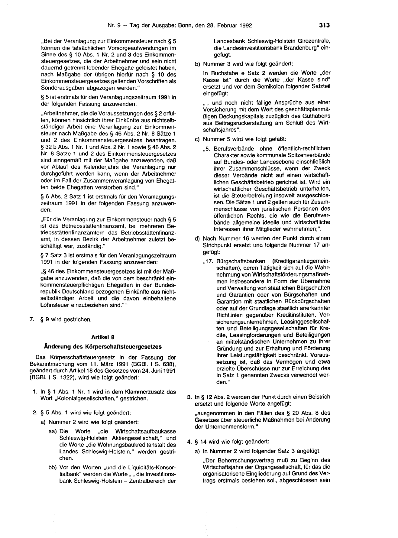 BGBl. 1992, Seite 313 — Originalseite als Abbildung