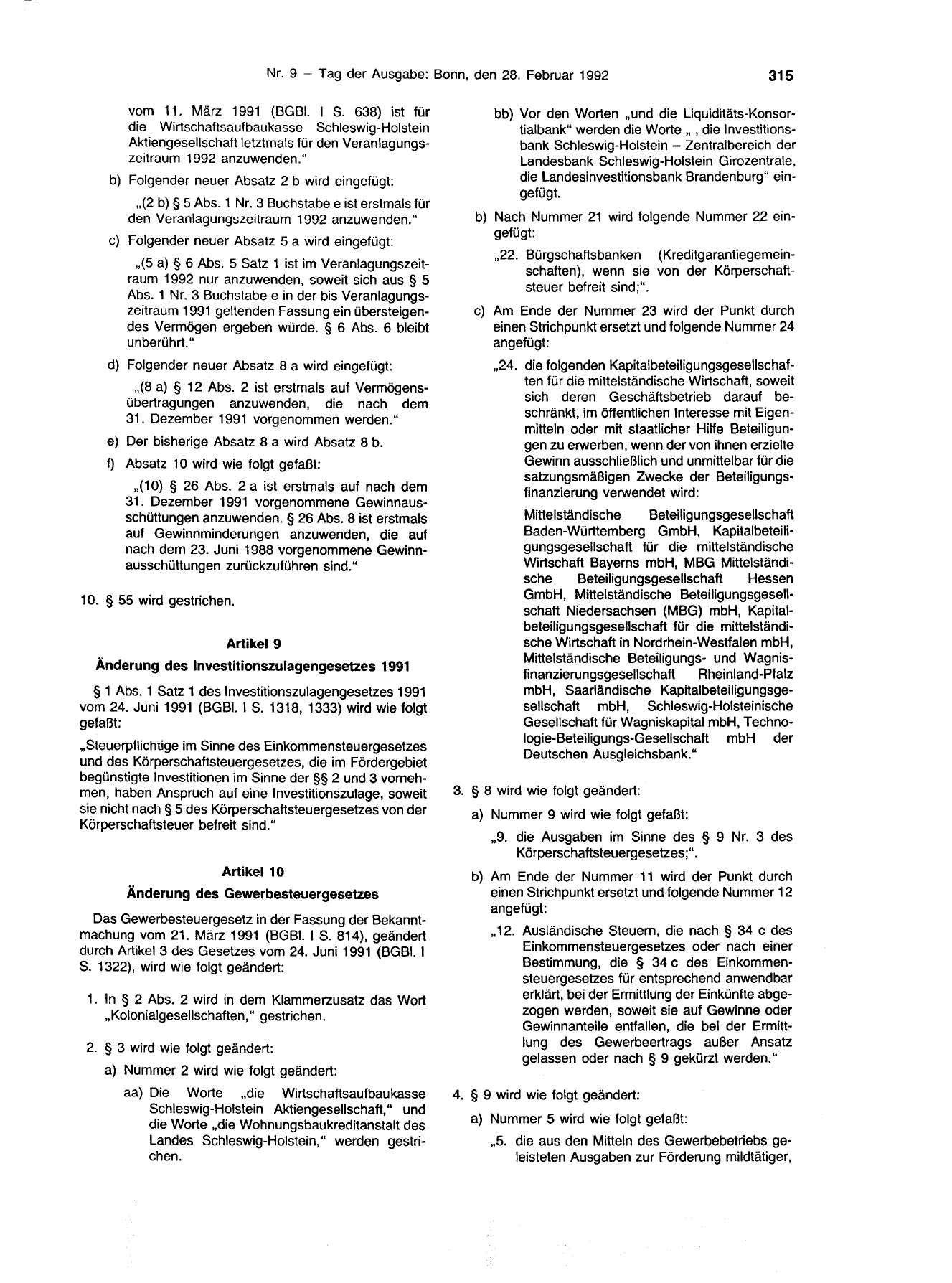 BGBl. 1992, Seite 315 — Originalseite als Abbildung