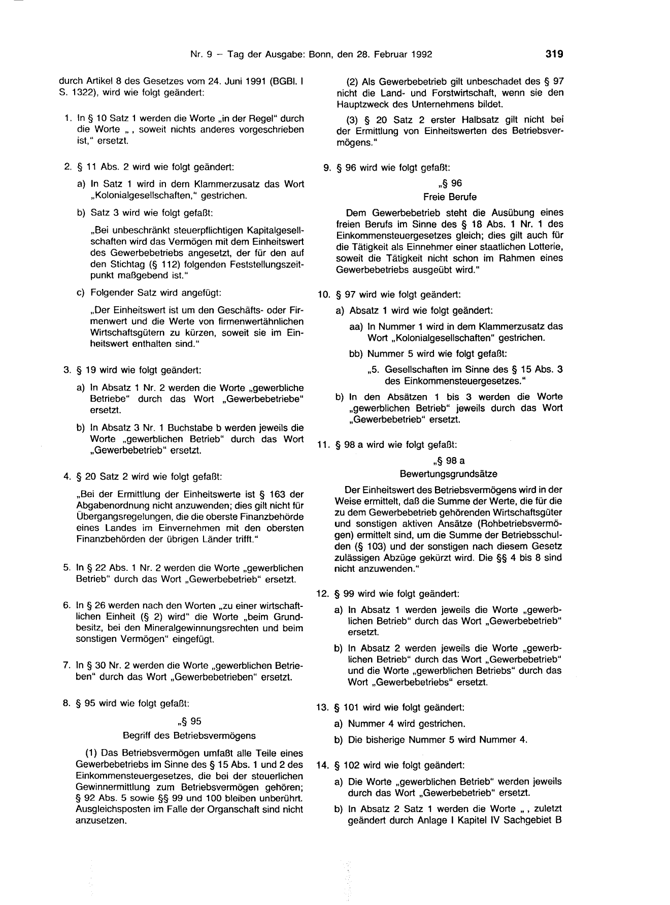 BGBl. 1992, Seite 319 — Originalseite als Abbildung