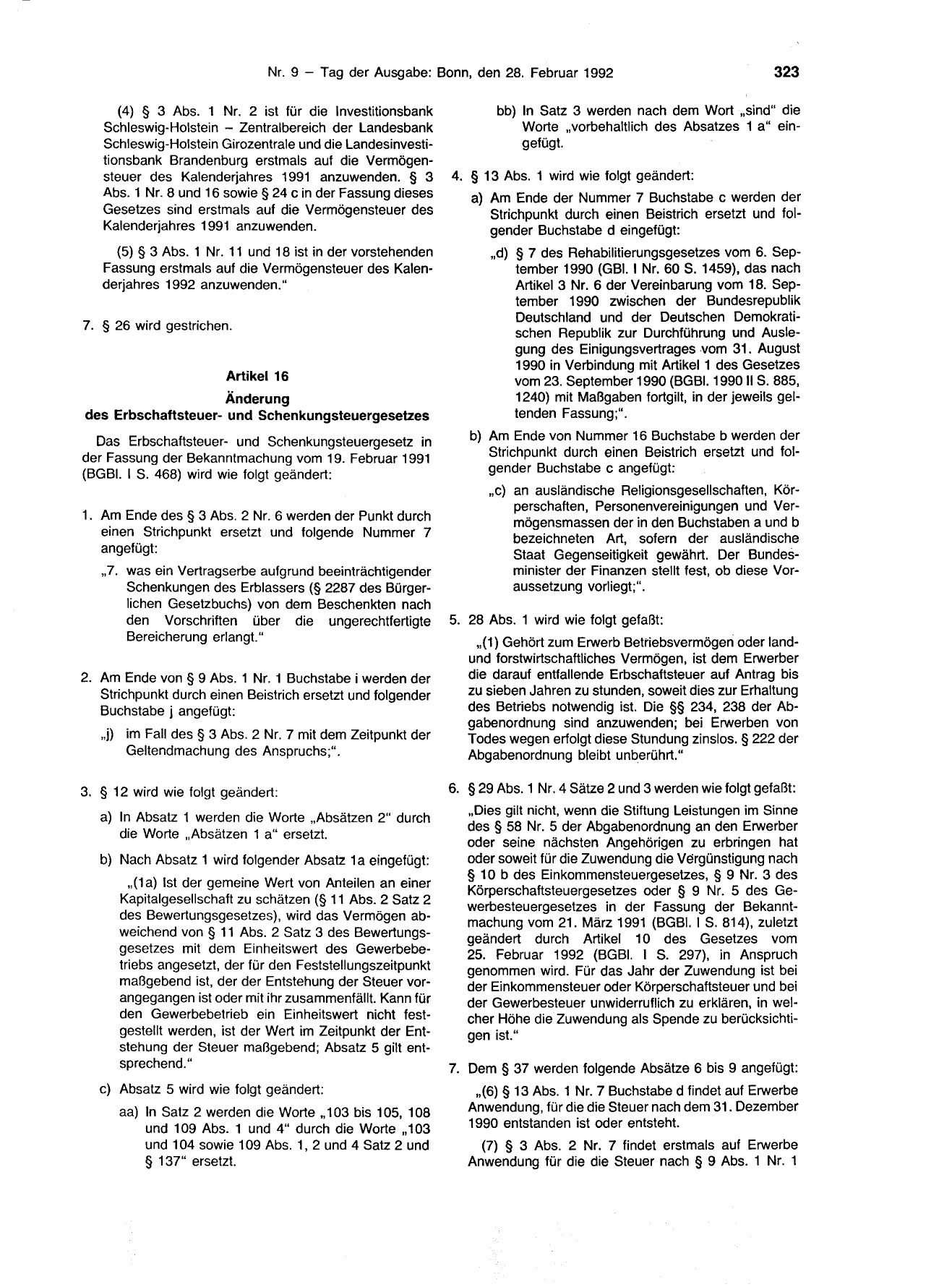 BGBl. 1992, Seite 323 — Originalseite als Abbildung