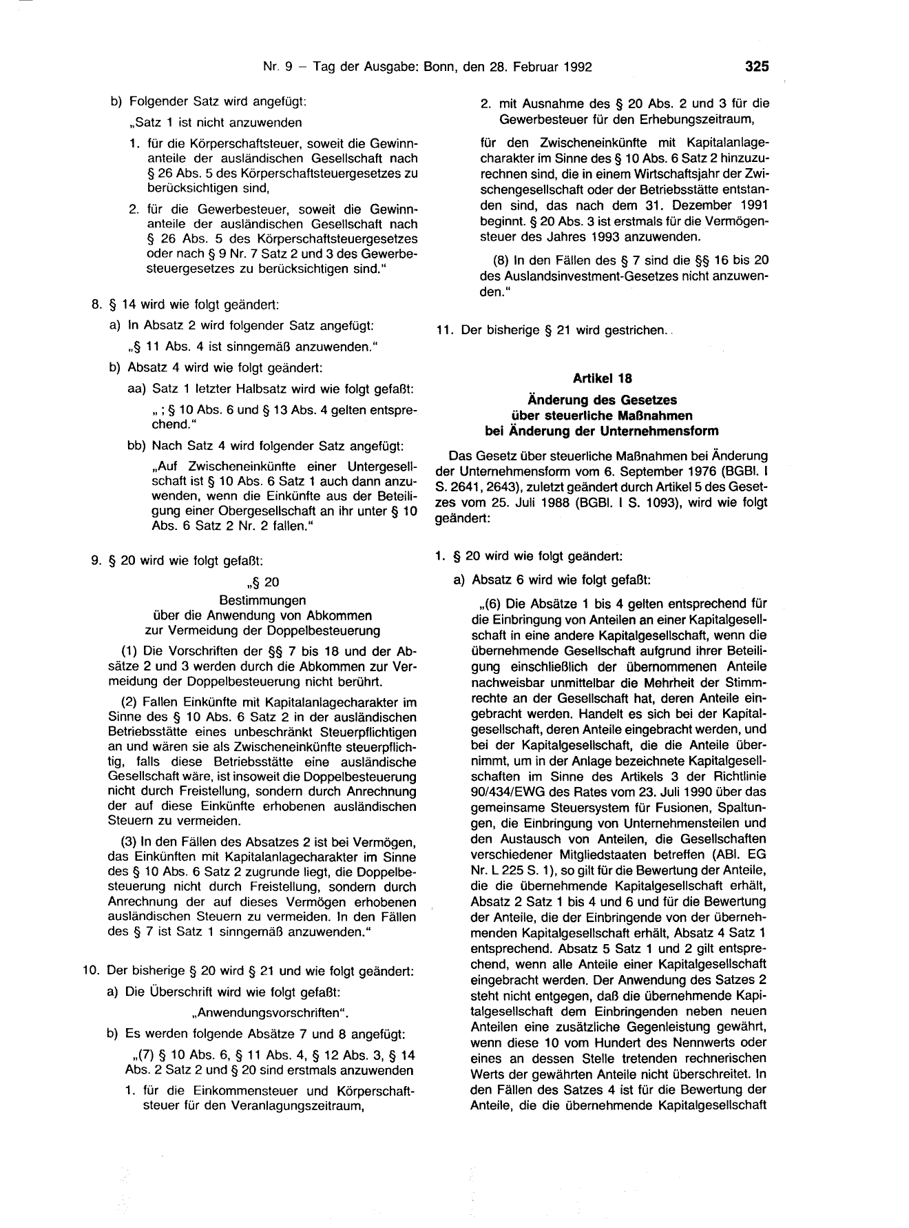 BGBl. 1992, Seite 325 — Originalseite als Abbildung