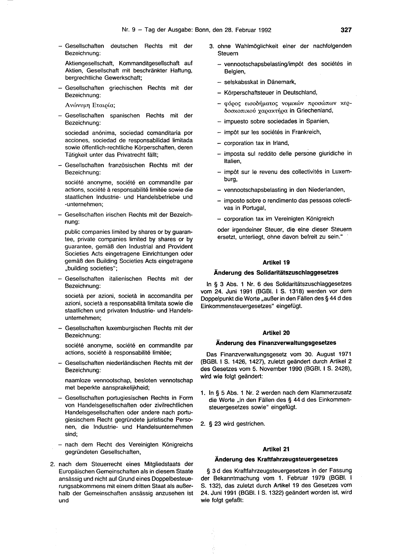 BGBl. 1992, Seite 327 — Originalseite als Abbildung