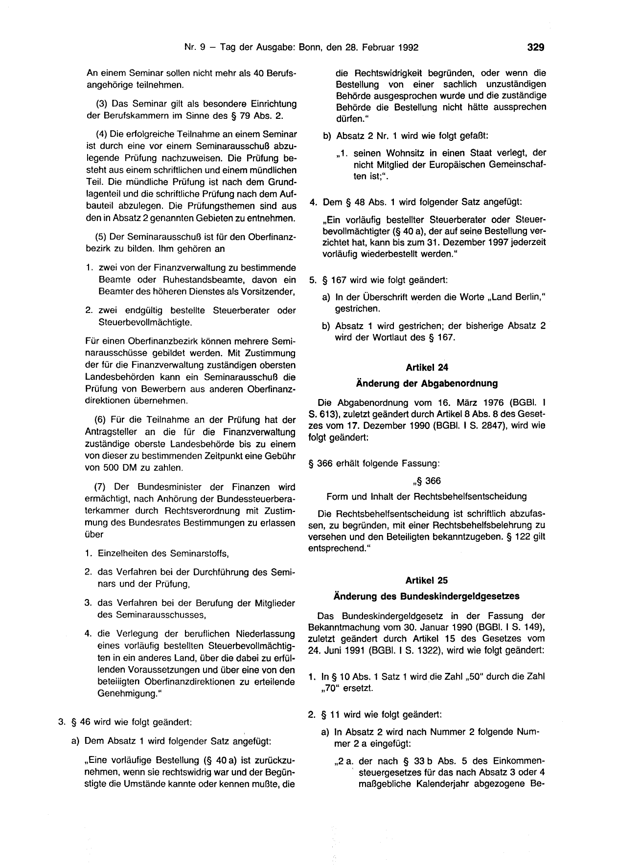 BGBl. 1992, Seite 329 — Originalseite als Abbildung