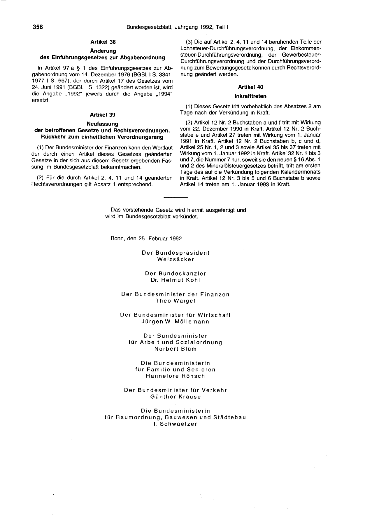BGBl. 1992, Seite 358 — Originalseite als Abbildung