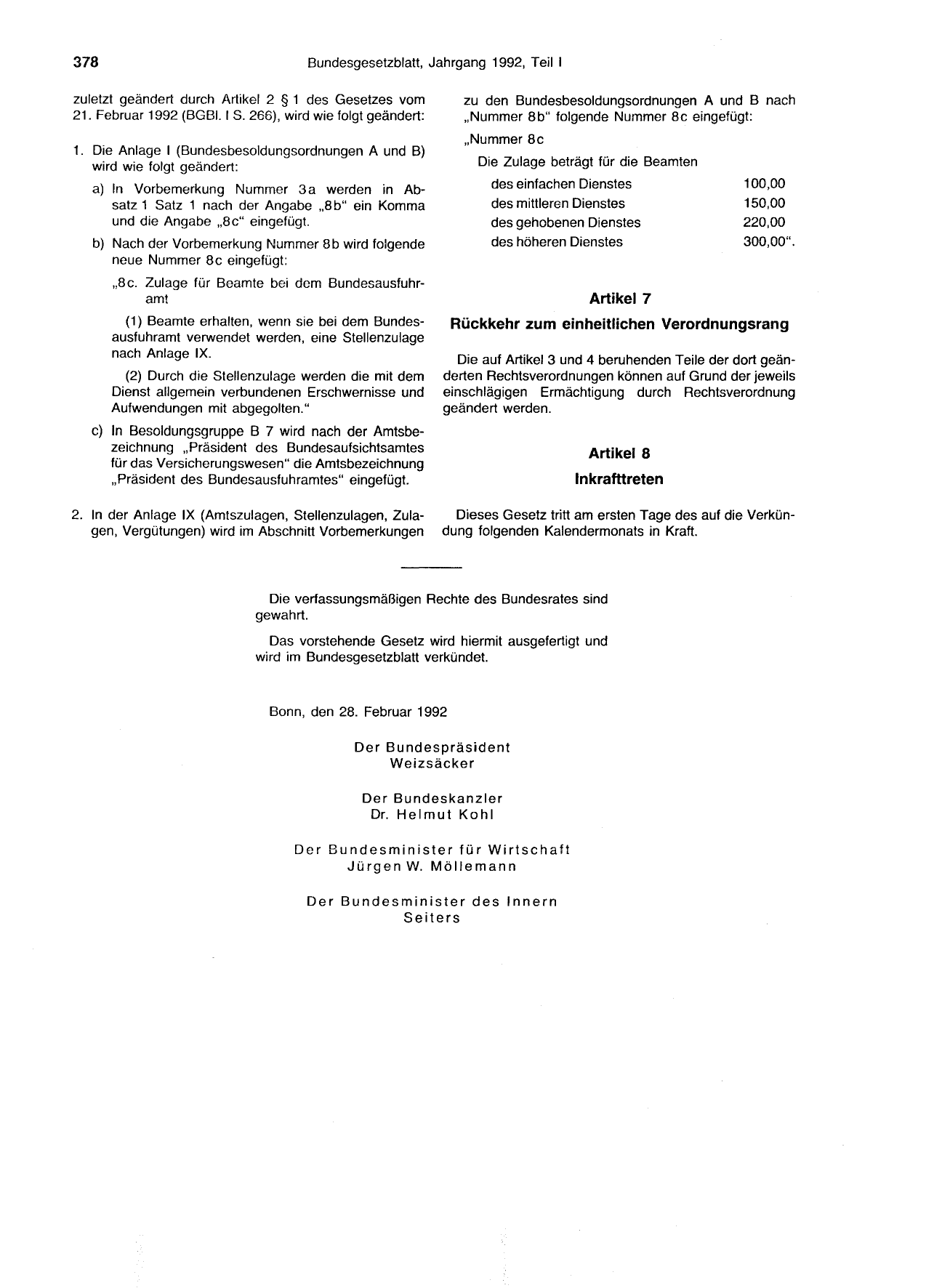 BGBl. 1992, Seite 378 — Originalseite als Abbildung