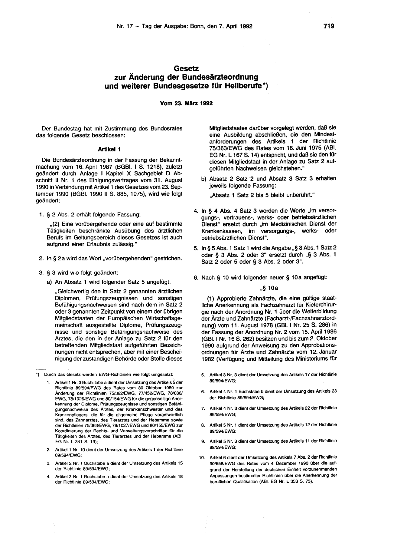 BGBl. 1992, Seite 719 — Originalseite als Abbildung