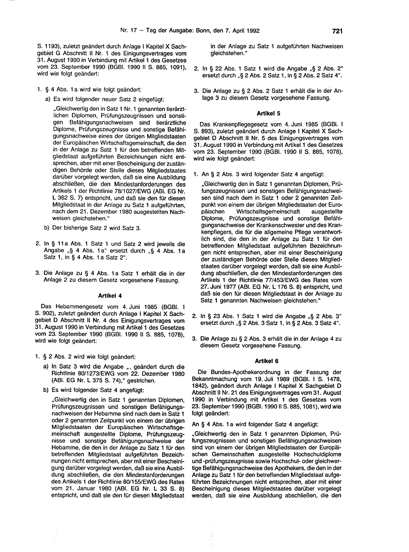 BGBl. 1992, Seite 721 — Originalseite als Abbildung