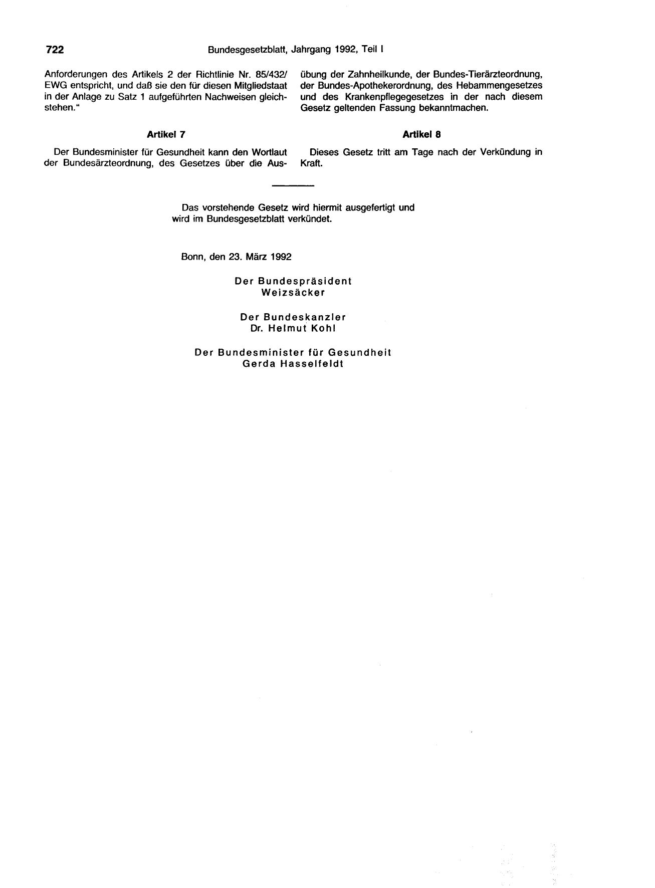 BGBl. 1992, Seite 722 — Originalseite als Abbildung
