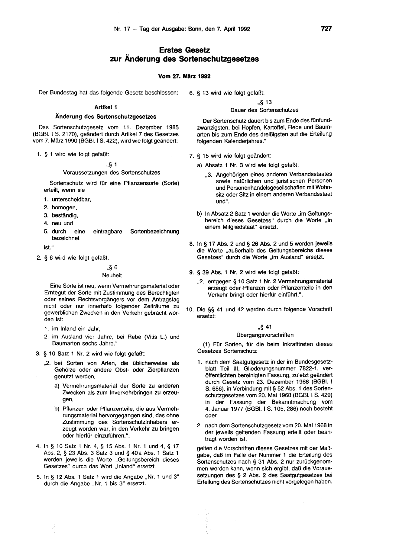 BGBl. 1992, Seite 727 — Originalseite als Abbildung