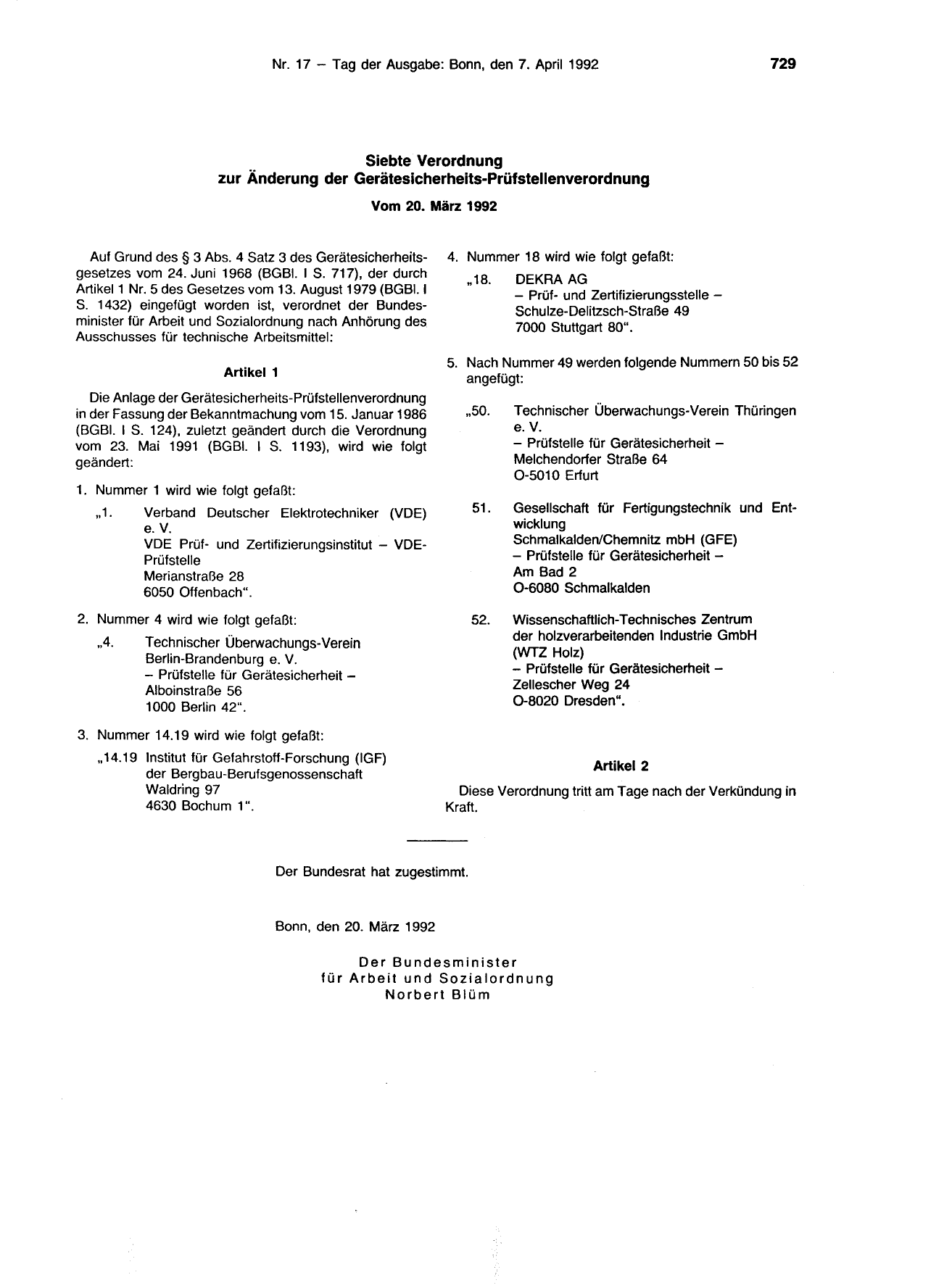 BGBl. 1992, Seite 729 — Originalseite als Abbildung