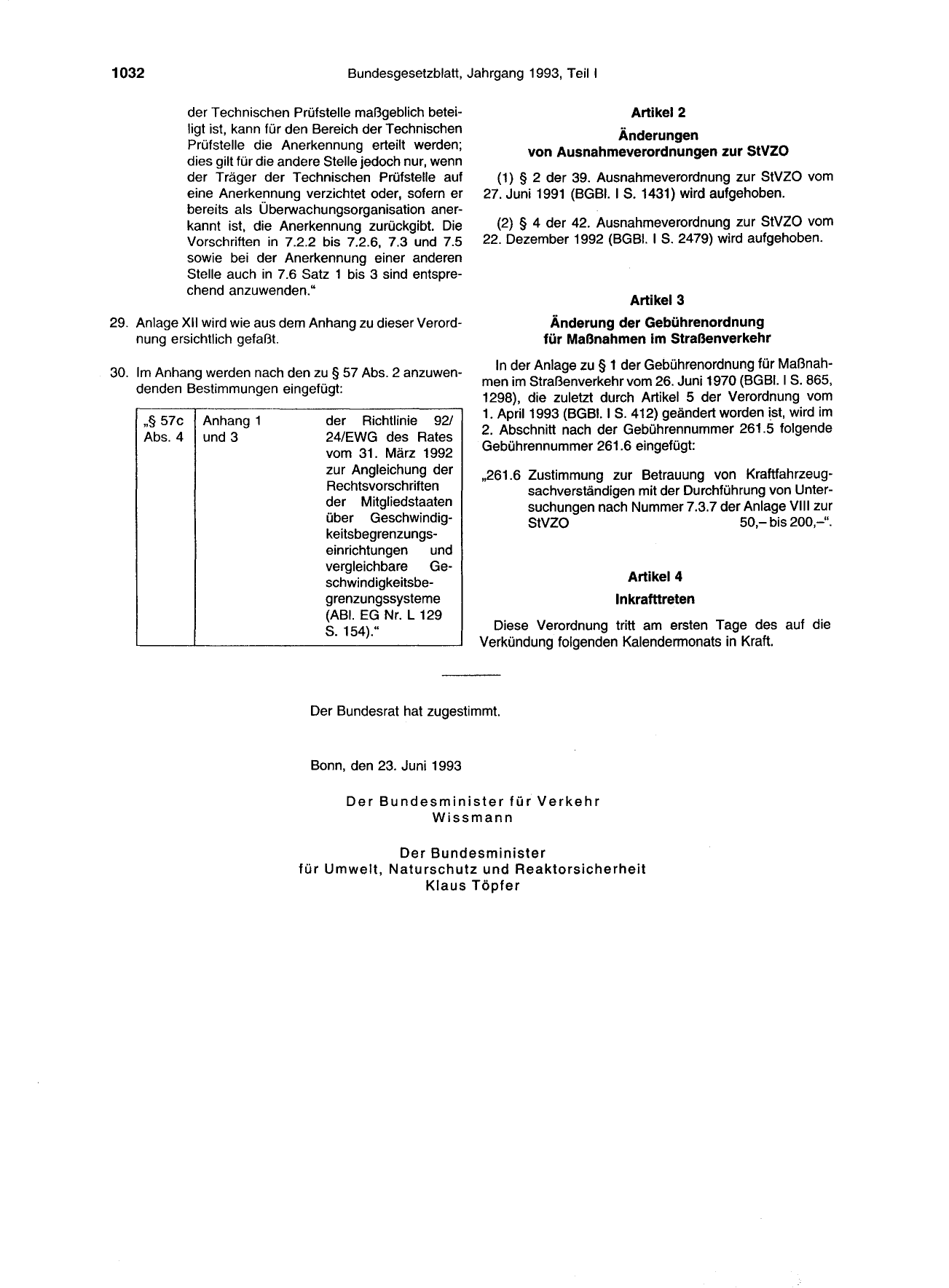 BGBl. 1993, Seite 1032 — Originalseite als Abbildung