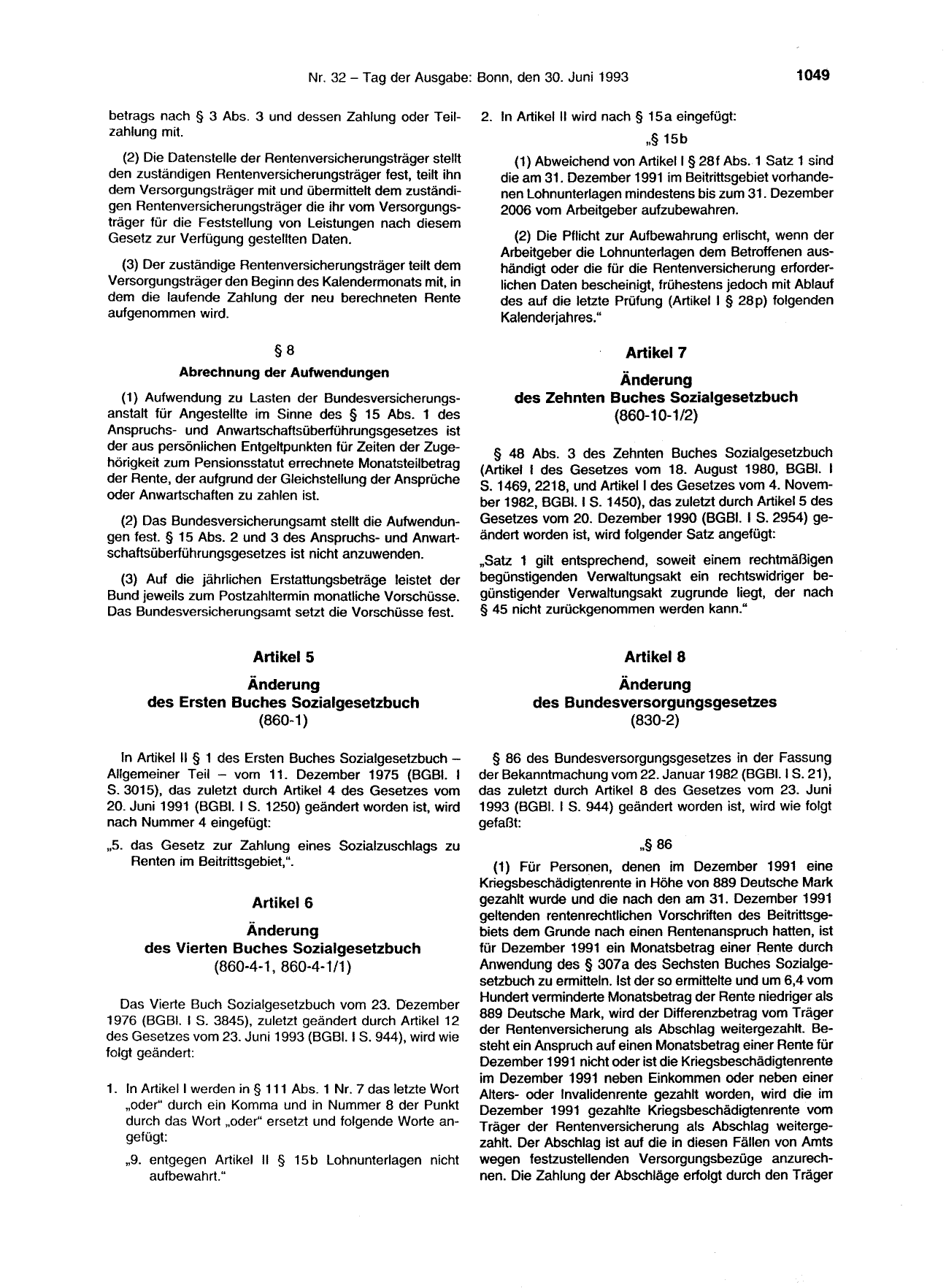 BGBl. 1993, Seite 1049 — Originalseite als Abbildung