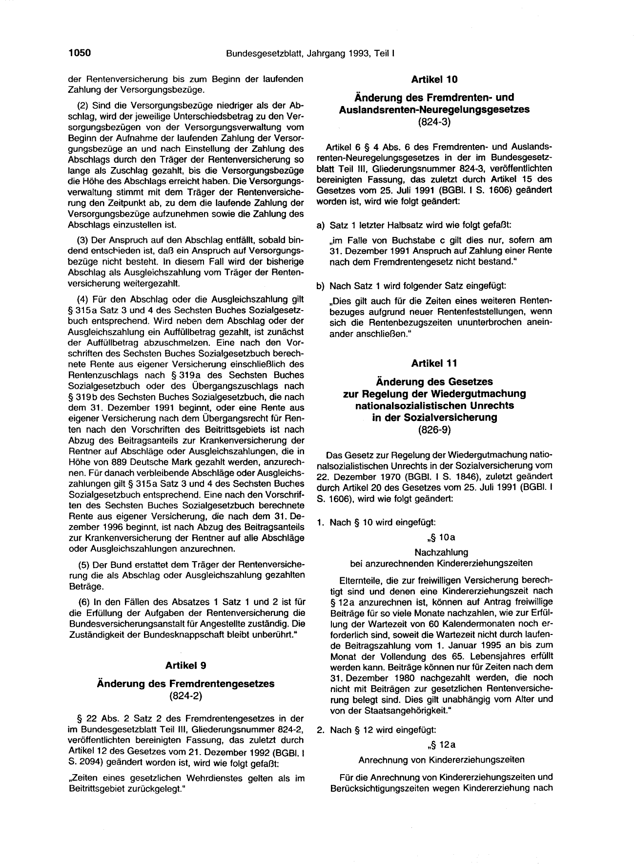 BGBl. 1993, Seite 1050 — Originalseite als Abbildung