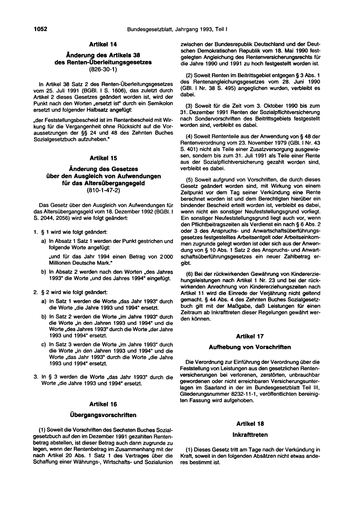BGBl. 1993, Seite 1052 — Originalseite als Abbildung