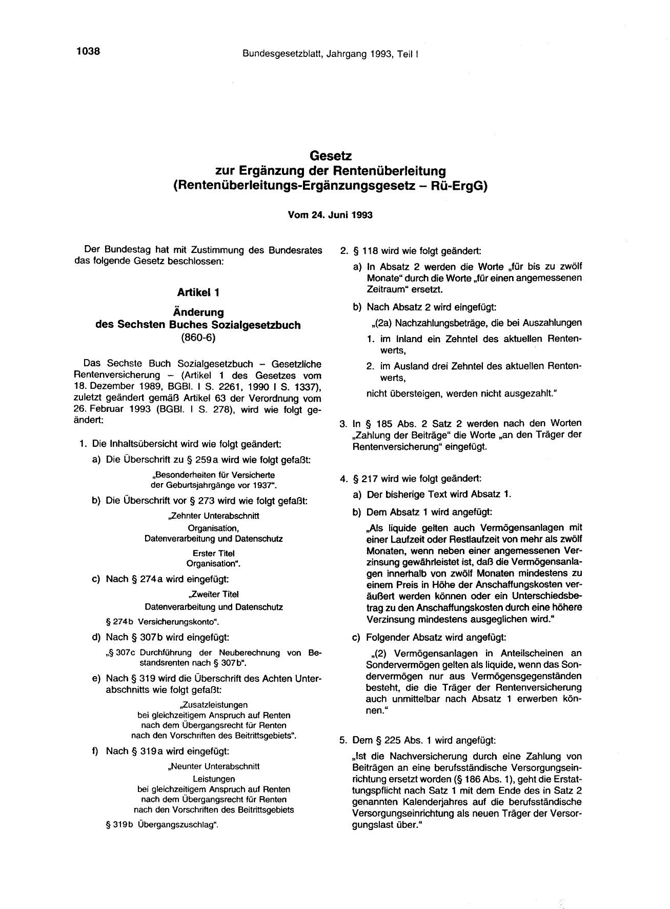 BGBl. 1993, Seite 1038 — Originalseite als Abbildung