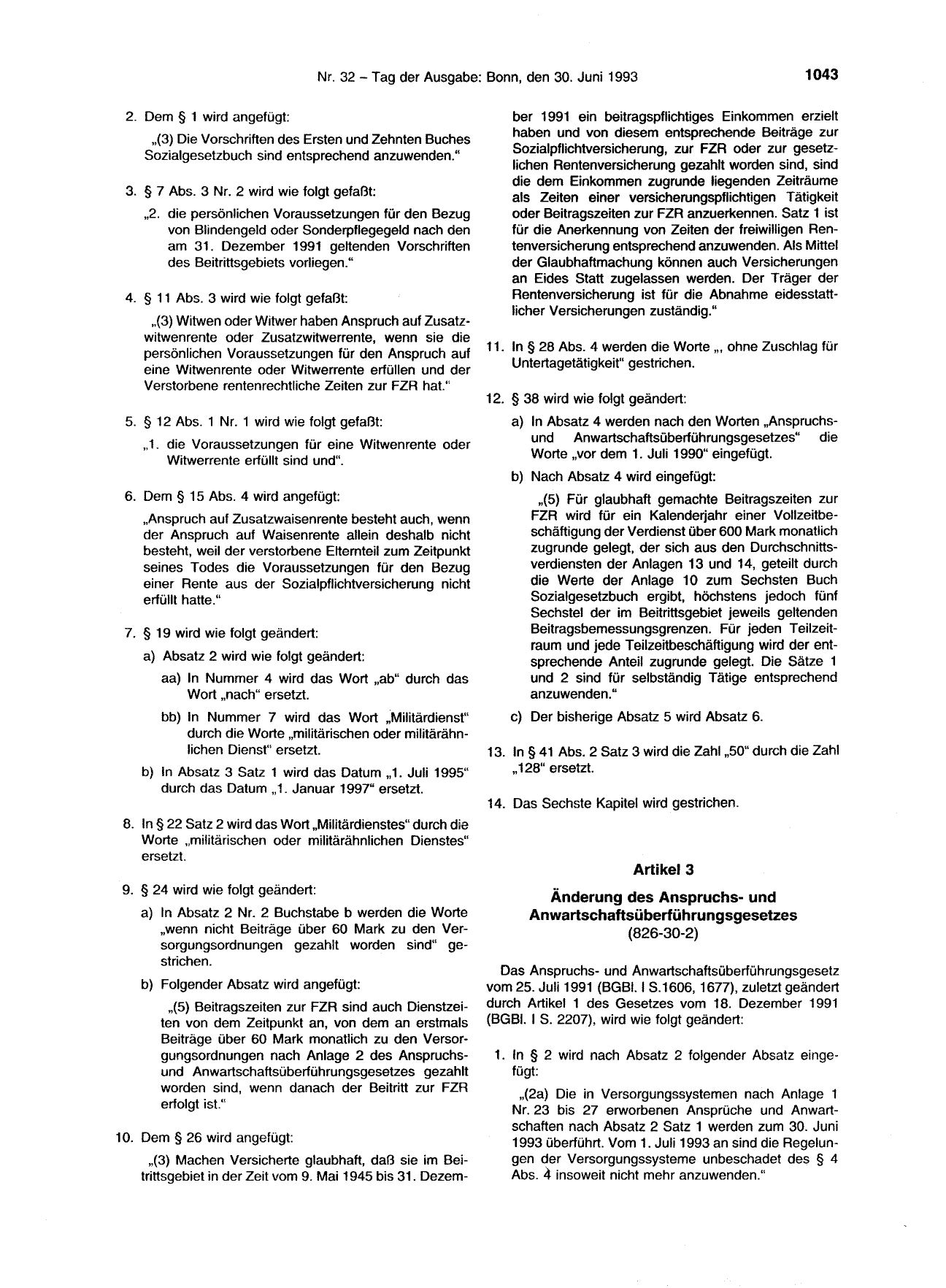 BGBl. 1993, Seite 1043 — Originalseite als Abbildung