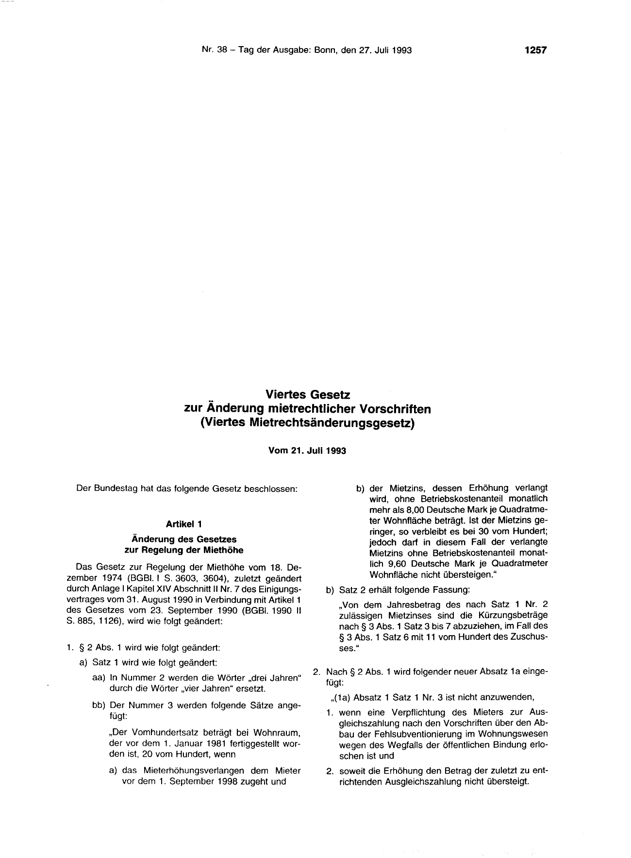 BGBl. 1993, Seite 1257 — Originalseite als Abbildung