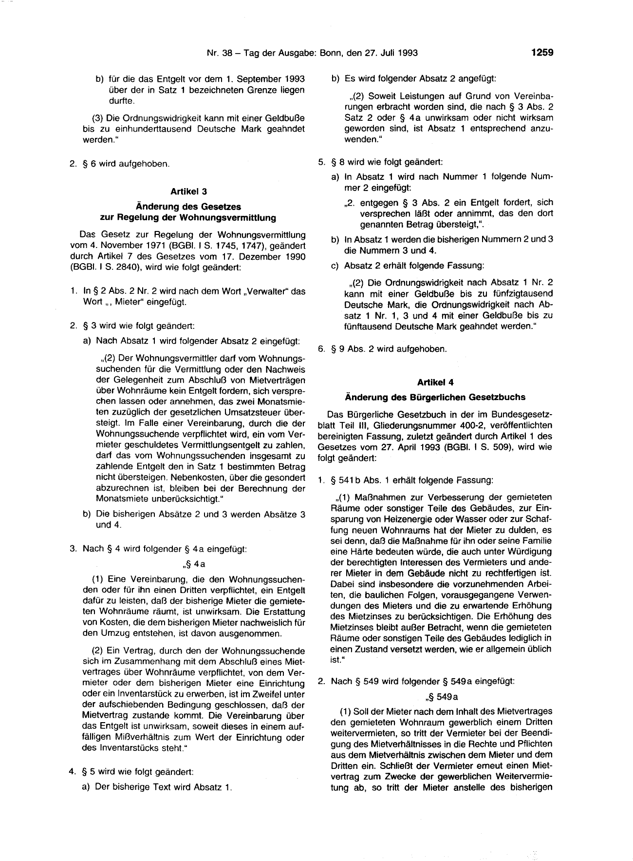 BGBl. 1993, Seite 1259 — Originalseite als Abbildung