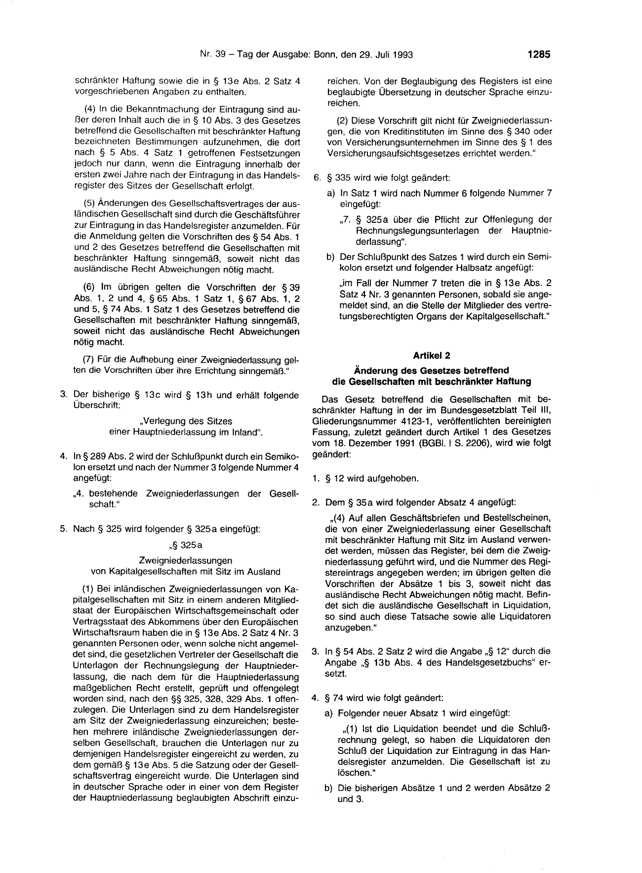 BGBl. 1993, Seite 1285 — Originalseite als Abbildung